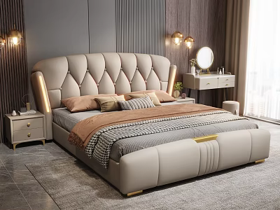 Modern Luxury Bedroom With Beige Diamond Stitched Bed Nightstands Table Lamps And Dressing Table Mirror 3d model