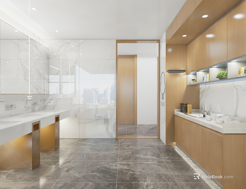 Modern Public Restroom Interior With Marble Walls Wooden Cabinets Double Sinks And Large Mirrors 3d model 