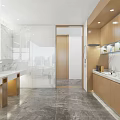 Modern Public Restroom Interior With Marble Walls Wooden Cabinets Double Sinks And Large Mirrors