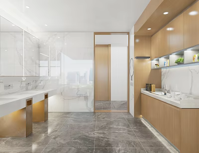 Modern Public Restroom Interior With Marble Walls Wooden Cabinets Double Sinks And Large Mirrors 3d model