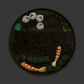Fresh Fish Sushi on Black Plate with Colorful Fish Varieties and Ingredients