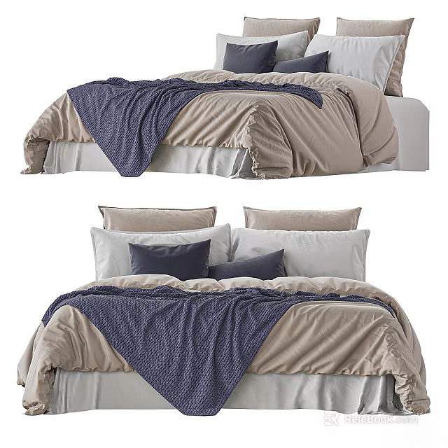 Double Bed With Beige Comforter Navy Blue Blanket And White Pillows 3d model