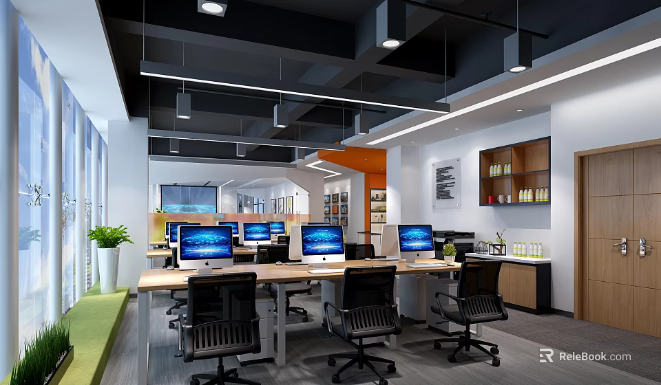 Modern Open Public Office Space With Desks Computers Black Chairs And Potted Plants 3d model 