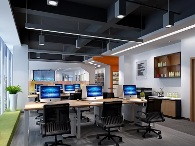 Modern Open Public Office Space With Desks Computers Black Chairs And Potted Plants 3d model