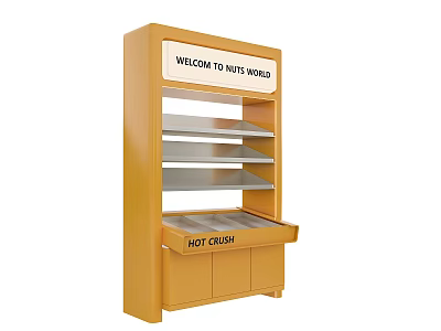Yellow Display Shelf With Welcome Sign For Nuts World Hot Crush Section And Metal Shelves 3d model
