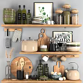 Wooden Kitchen Shelves With Cookware Cutting Boards Jars With Grains Olive Oil Bottles And Utensils