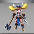 Warrior Character 3D Model With Horned Helmet Blonde Hair Blue Red Outfit Axe And Dagger