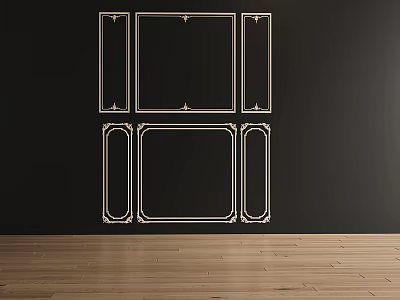Black Background Wall With Gold Decorative Frames Various Shapes And Wooden Floor 3d model