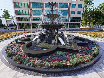 Elegant Central Fountain With Surrounding Colorful Flower Beds And Modern Glass Building Background 3d model
