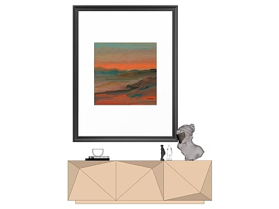 Black Framed Sunset Beach Art On Light Geometric Cabinet With Gray Sculpture And Decorative Items 3d model