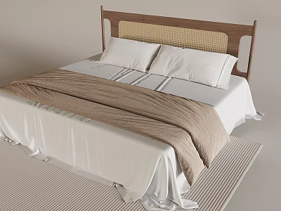 Double Bed With Wooden Headboard Rattan Detail White Sheets Brown Blanket On Striped Rug 3d model