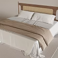 Double Bed With Wooden Headboard Rattan Detail White Sheets Brown Blanket On Striped Rug