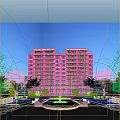 Modern High Rise Residential Building Exterior With Swimming Pool Fountain Umbrellas And Lush Green Trees