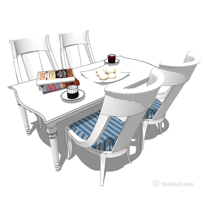 White Dining Table Set With Striped Chairs And Tabletop Books Cups Plates 3d model 