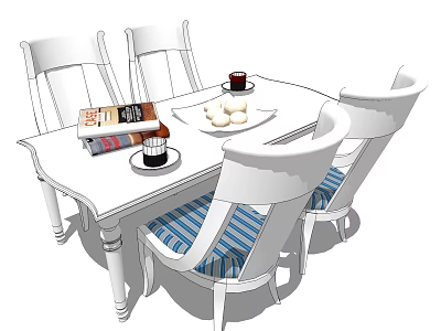 White Dining Table Set With Striped Chairs And Tabletop Books Cups Plates 3d model
