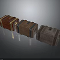 Three Vintage Wooden Trunks With Different Colors And Metal Decorative Straps