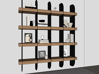 Modern Wall Mounted Bookshelf With Wooden Shelves Books And Decorative Items 3d model
