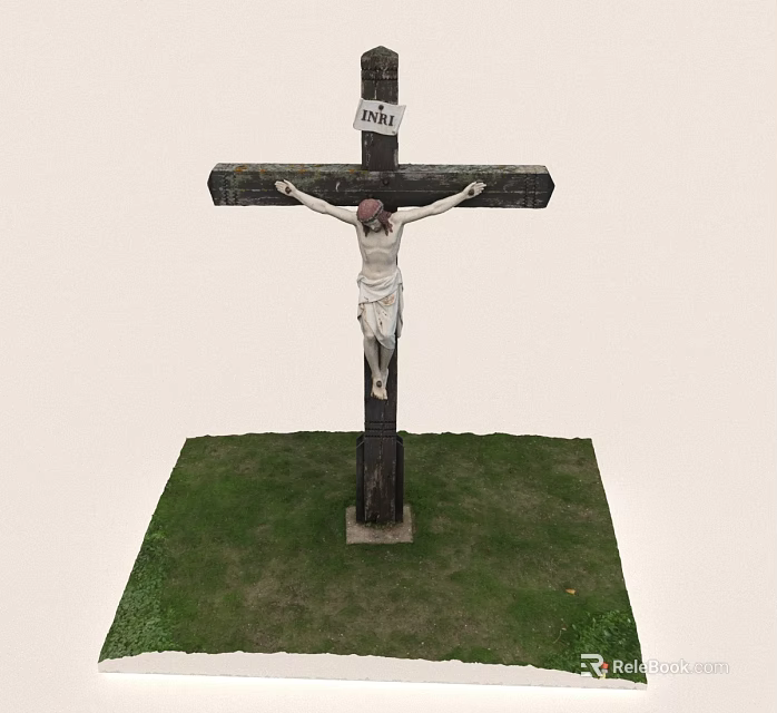 Traditional Crucifix With Jesus Christ Statue INRI Sign On Wooden Cross Standing On Green Grass 3d model 