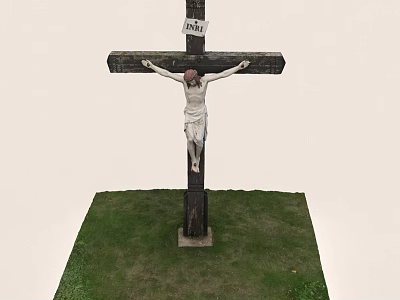 Traditional Crucifix With Jesus Christ Statue INRI Sign On Wooden Cross Standing On Green Grass 3d model
