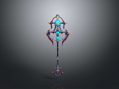 3D Rendered Fantasy Staff With Blue Gemstones Metallic Structure And Decorative Spikes 3d model
