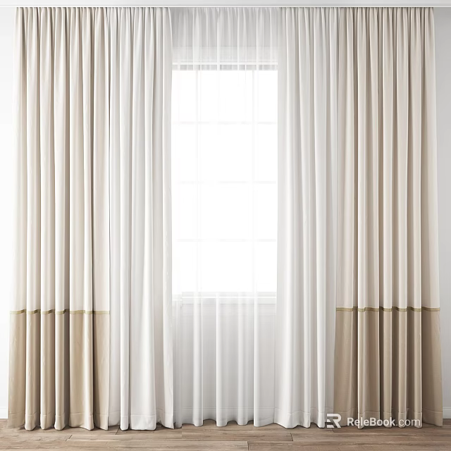 Beige and White Layered Window Curtains With Sheer Inner Curtain For Modern Interior 3d model 