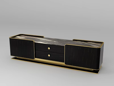 Elegant Modern TV Stand With Black Wood Gold Accents Marble Top Drawers And Cabinet Doors 3d model