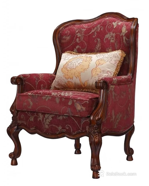 Vintage Red Single Sofa With Floral Pattern And Wooden Armrests Accent Pillow 3d model 