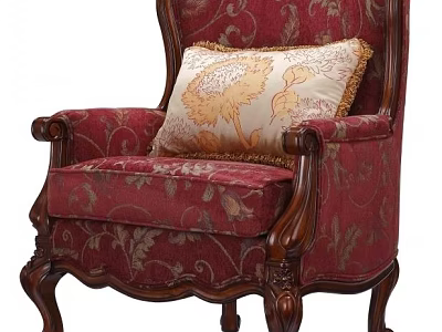 Vintage Red Single Sofa With Floral Pattern And Wooden Armrests Accent Pillow 3d model