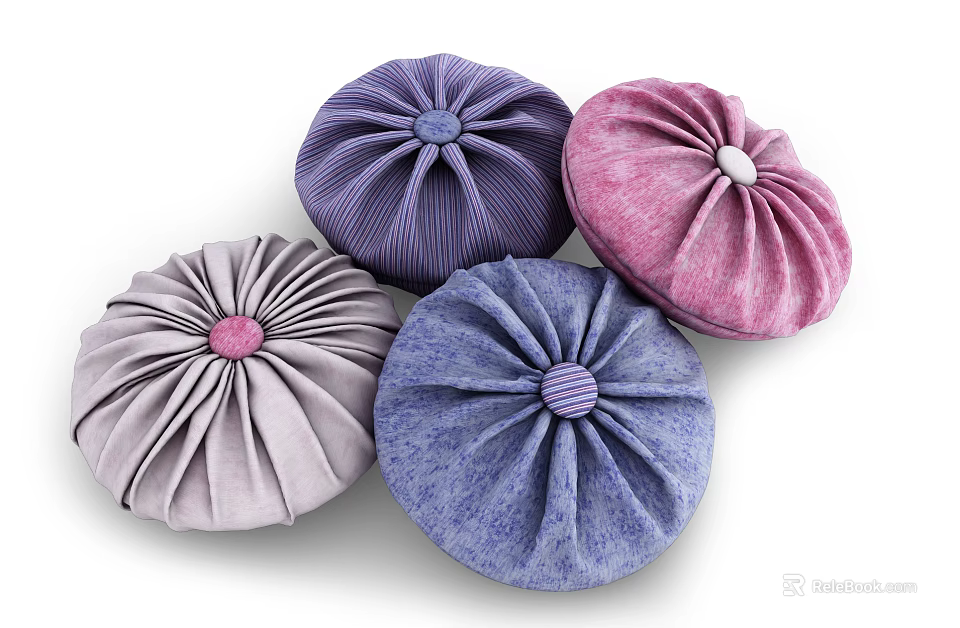 Round Pleated Decorative Pillows in Purple Pink Light Gray and Blue with Central Button Accents 3d model 