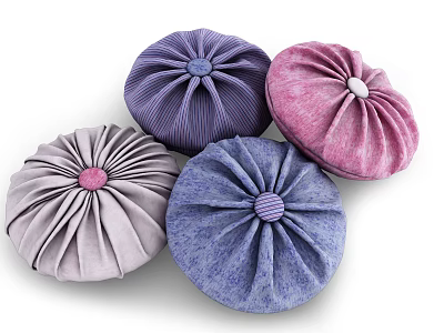 Round Pleated Decorative Pillows in Purple Pink Light Gray and Blue with Central Button Accents 3d model