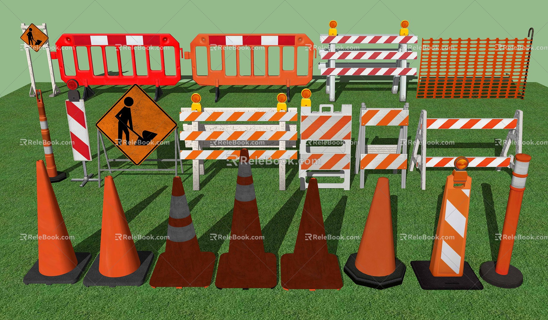 Modern barricade traffic barricade warning sign wrought iron fence speed bump cone barrel 3d model