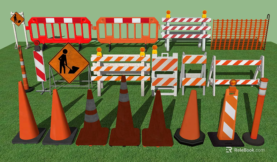 Road Construction Facilities With Orange Traffic Cones Striped Barriers And Safety Signs 3d model 