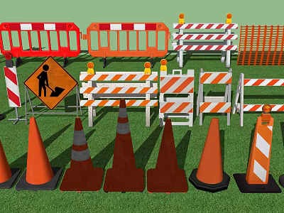Road Construction Facilities With Orange Traffic Cones Striped Barriers And Safety Signs 3d model