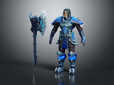 Mythical Armored Warrior In Blue Silver Armor With Giant Battle Axe And Blue Accents 3d model