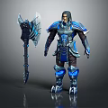 Mythical Armored Warrior In Blue Silver Armor With Giant Battle Axe And Blue Accents