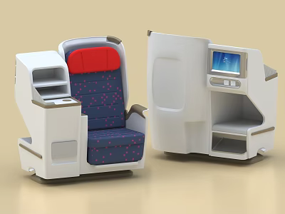 Comfortable Airplane Seat With Red Headrest Blue Patterned Cushion And Screen Console 3d model