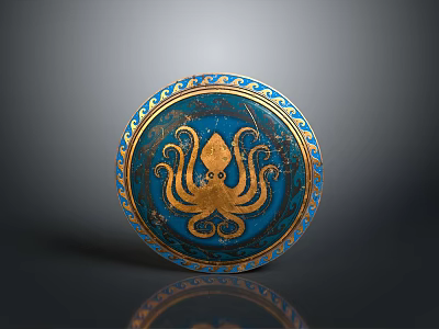 Circular Decorative Plate With Blue Background Gold Octopus Design And Ornate Border 3d model