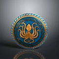 Circular Decorative Plate With Blue Background Gold Octopus Design And Ornate Border