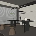 Minimalist Modern Home Office Interior Design With Spacious Desk Computer Shelves Blinds And Palm Plant