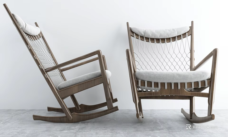 Single Rocking Sofa with Wooden Frame Woven Net Design and Gray Cushion in Minimalist Interior 3d model 