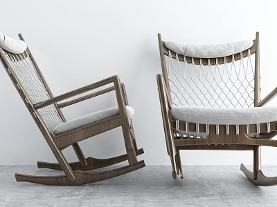 Single Rocking Sofa with Wooden Frame Woven Net Design and Gray Cushion in Minimalist Interior 3d model