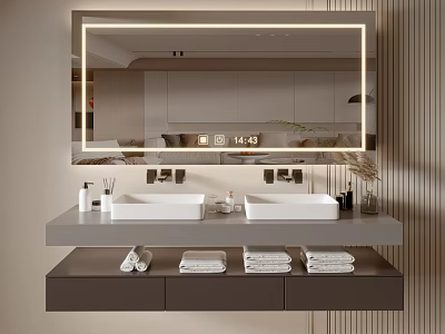 Modern Minimalist Bathroom Cabinet with Double Sink LED Mirror and Folded Towels 3d model