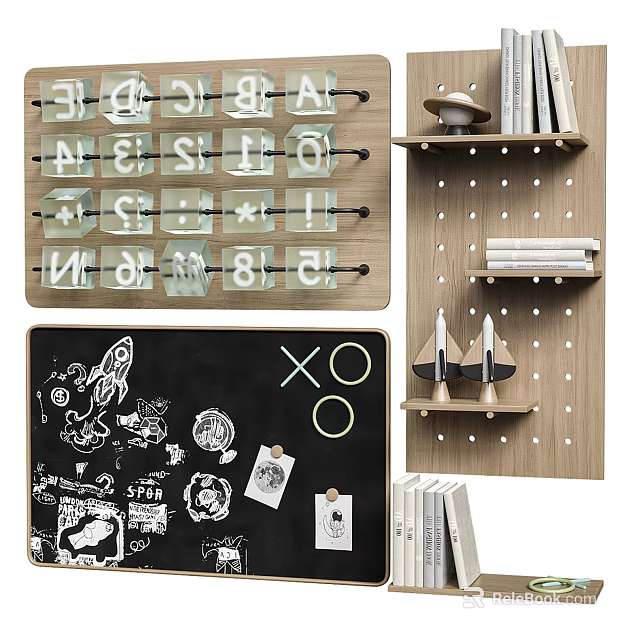 Decorative Wall Hangings with Alphabet Number Cards Chalkboard Wooden Pegboard Shelf Clips Stickers and Books 3d model 