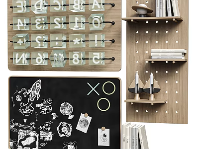 Decorative Wall Hangings with Alphabet Number Cards Chalkboard Wooden Pegboard Shelf Clips Stickers and Books 3d model
