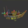 Colorful Small Water Transport Boat with Blue Hull Antenna Cargo Boxes and Decorative Details