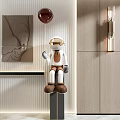 Modern Astronaut Sculpture with White Body Gold Helmet and Brown Accents on Wooden Wall Background