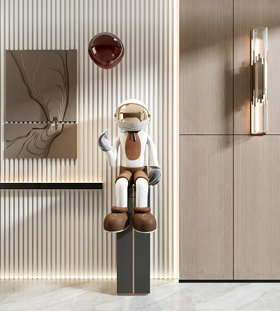 Modern Astronaut Sculpture with White Body Gold Helmet and Brown Accents on Wooden Wall Background 3d model