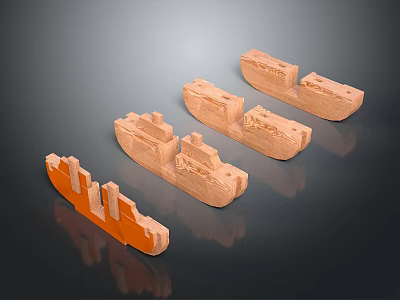 Wooden Ship Models in Light Brown and Orange on Black Smooth Surface with Reflections 3d model