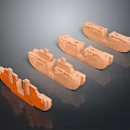 Wooden Ship Models in Light Brown and Orange on Black Smooth Surface with Reflections
