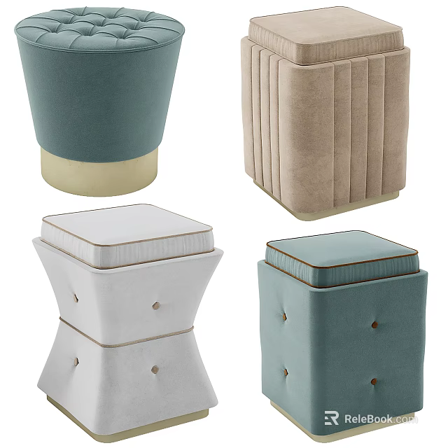 Stylish Upholstered Ottomans In Various Colors With Tufted Design And Different Styles 3d model 